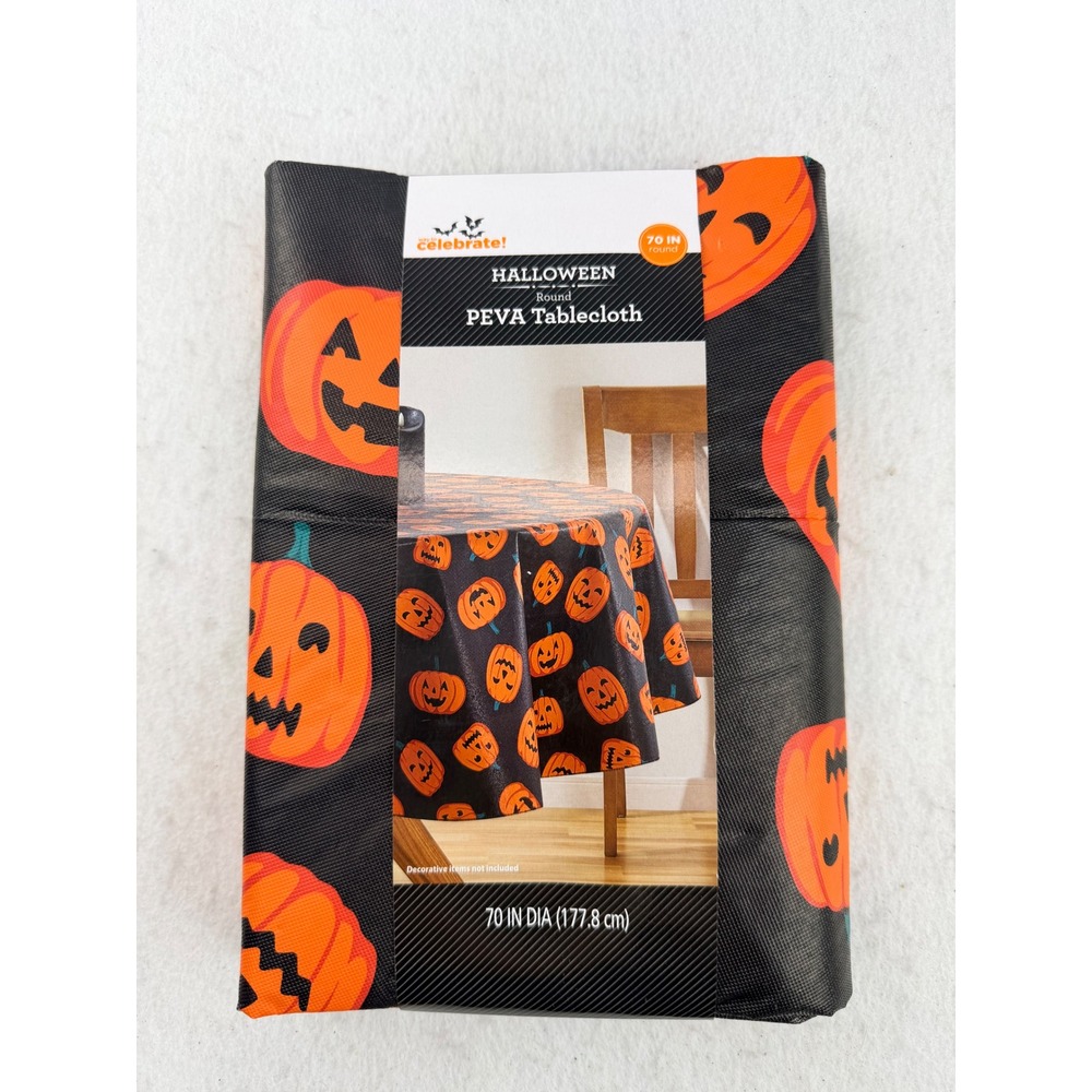 Way to Celebrate Halloween Pumpkin PEVA Tablecloth 70" Round Black Orange NEW